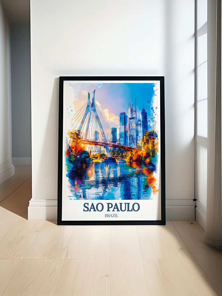 A detailed travel print of São Paulo featuring the striking Octávio Frias de Oliveira Bridge, which stands above the busy Marginal Pinheiros expressway. This vibrant artwork captures the energy of São Paulos cityscape, making it perfect for any modern decor or architectural enthusiast.