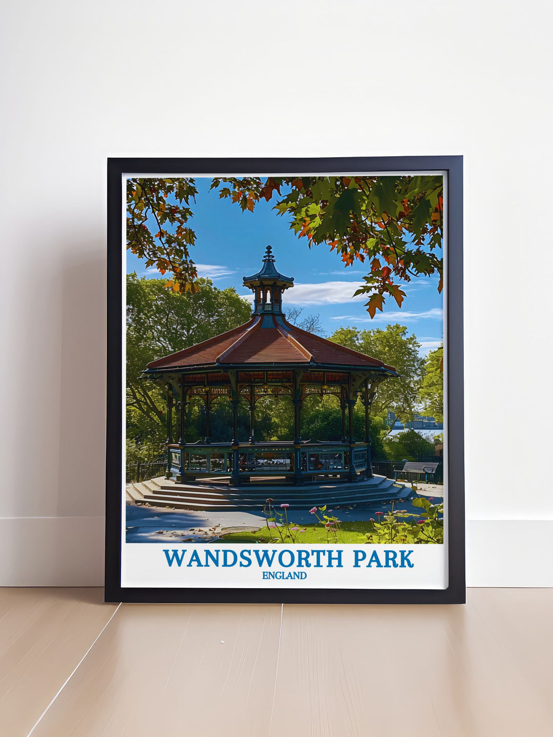 The historic bandstand of Wandsworth Park is depicted in this exquisite print, highlighting the parks Edwardian design and lush greenery. Perfect for history enthusiasts and lovers of Londons green spaces, this artwork showcases the timeless appeal of Wandsworth Park, making it a standout addition to any art collection or decor.
