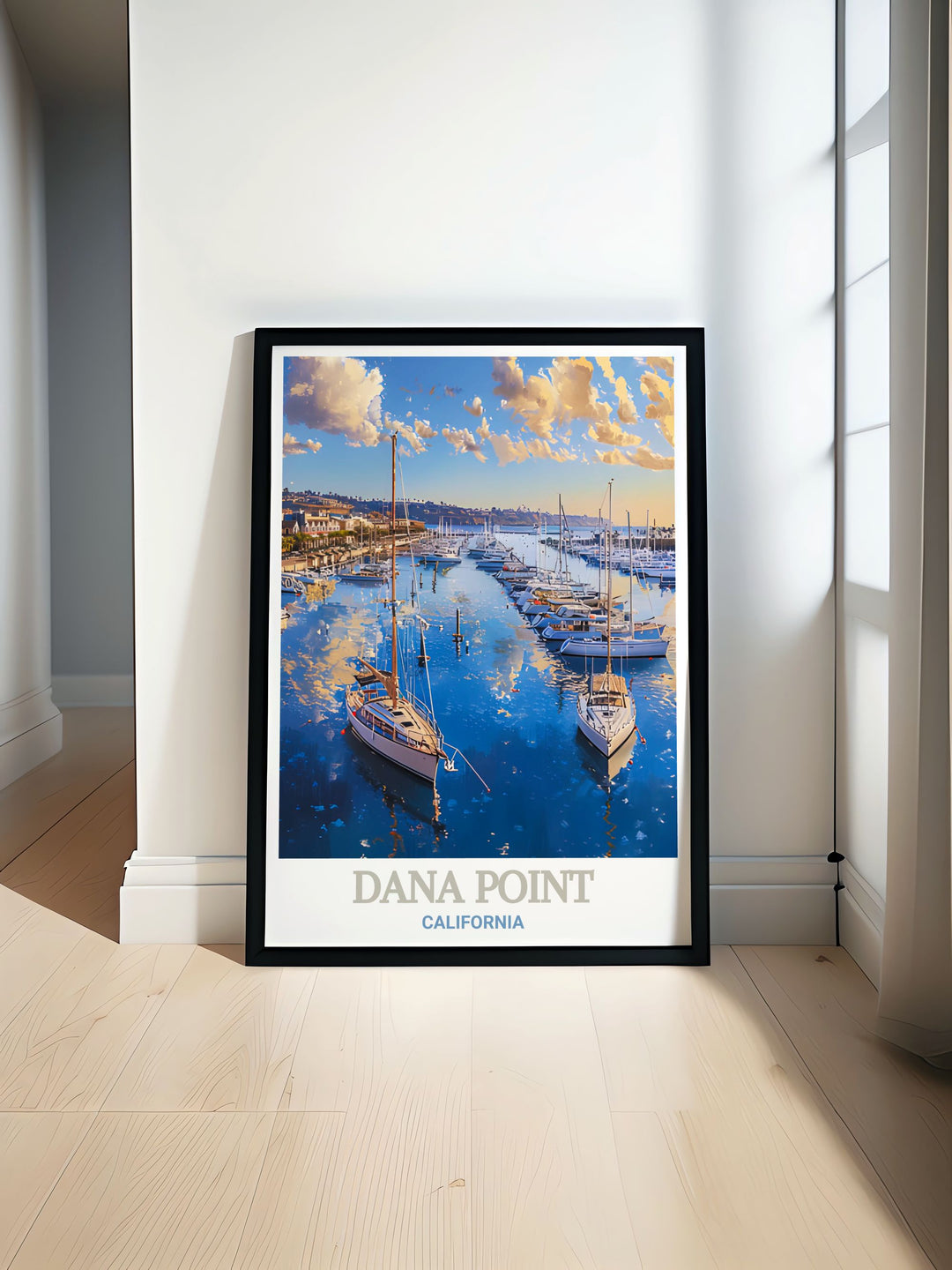 Dana Point Harbor travel poster showcasing the vibrant marina and scenic coastline of California. Perfect for California travel enthusiasts and art collectors this vintage print brings the beauty of Dana Point Harbor into your home decor.