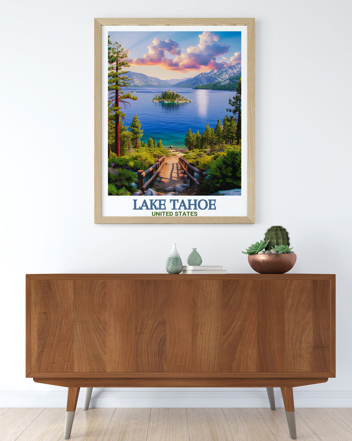 Emerald Bay Vintage Poster presents a timeless view of one of Lake Tahoes most beautiful spots. This travel print captures the stunning beauty of Emerald Bay and Lake Tahoe, offering a perfect addition to any room for those who appreciate classic landscapes and coastal vibes.