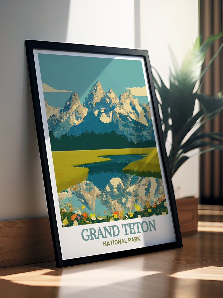 Grand Teton framed art capturing the majestic beauty of the Teton Range in Grand Teton National Park. The artworks vivid colors and intricate details make it a stunning addition to any room, ideal for adding a touch of natural splendor to your living space.