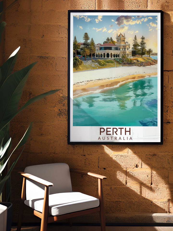 Discover Cottesloe Beach elegant home decor with our collection of stunning prints. These artworks capture the pristine beauty of this beloved Australian beach adding a touch of sophistication and tranquility to any living space