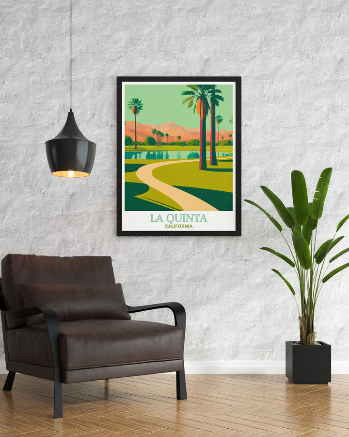 La Quinta poster showcasing Civic Center Park, a scenic spot in California. With its peaceful walking paths and fountains, this artwork offers a refreshing view of nature. Ideal for decorating any room, this La Quinta travel print brings Californias natural charm indoors.