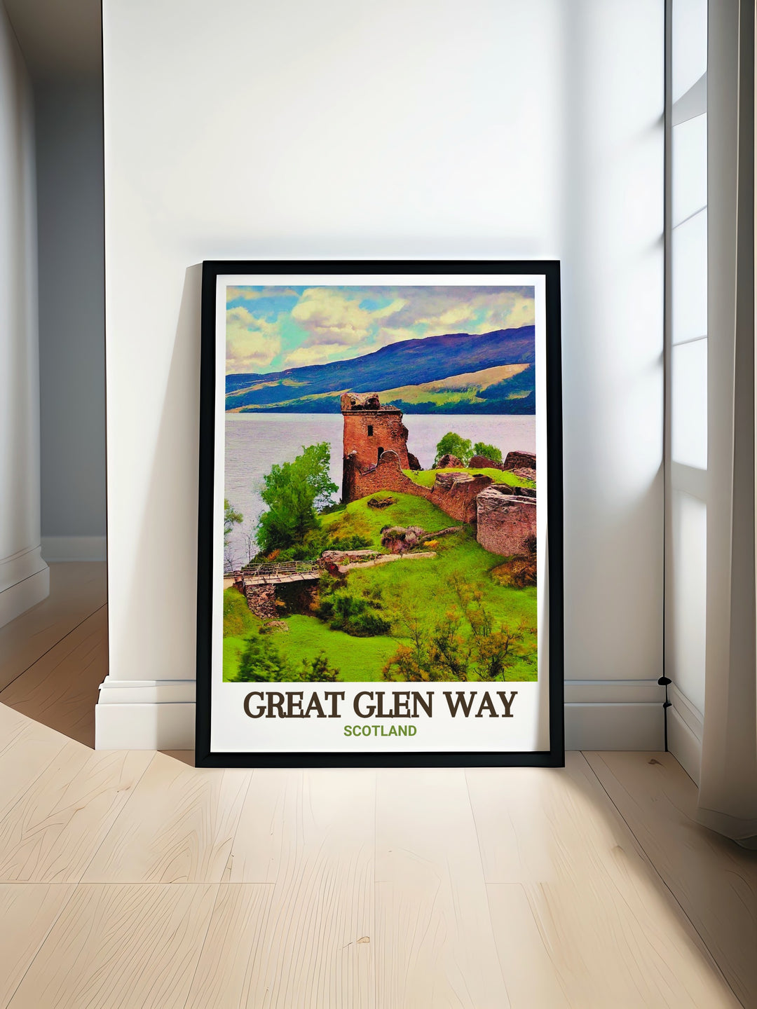 Urquhart Castle modern prints showcasing the historic beauty of the Scottish Highlands paired with the scenic Great Glen Way and West Highland trail perfect for creating a stunning living room decor with National Park prints and Scotland travel art