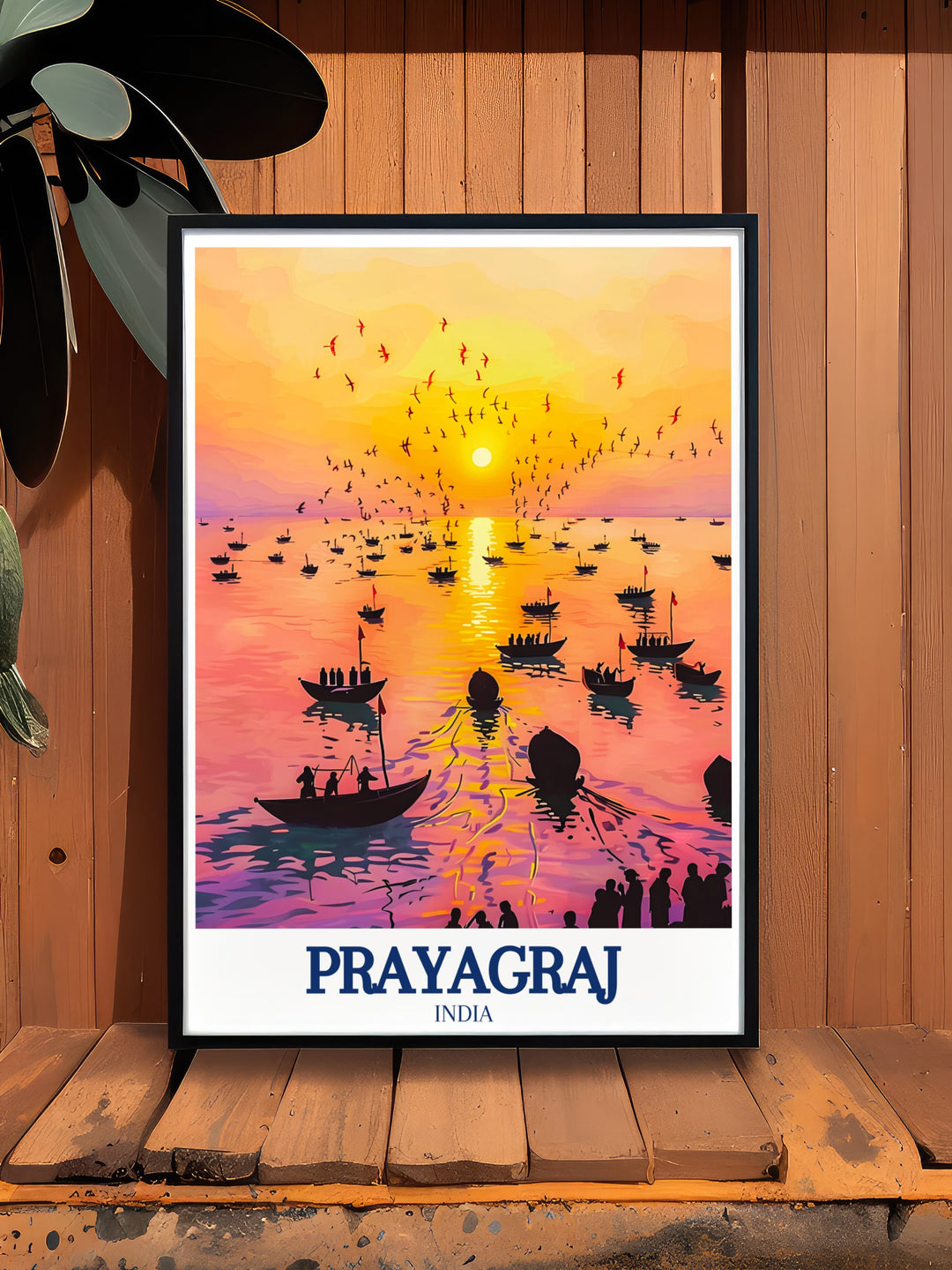 Framed art of Prayagraj highlighting the Triveni Sangam, where the Ganges, Yamuna, and Saraswati rivers meet. This artwork is ideal for those who appreciate the spiritual and historical significance of Prayagraj and want to bring that into their living space.