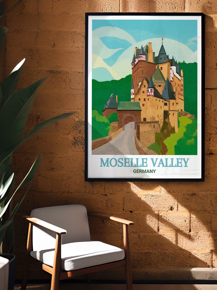 Moselle Valley decor featuring Burg Eltz offers a timeless and sophisticated touch to any room. This Germany travel art print makes a wonderful gift for anyone who enjoys European history and culture and appreciates elegant home decor.