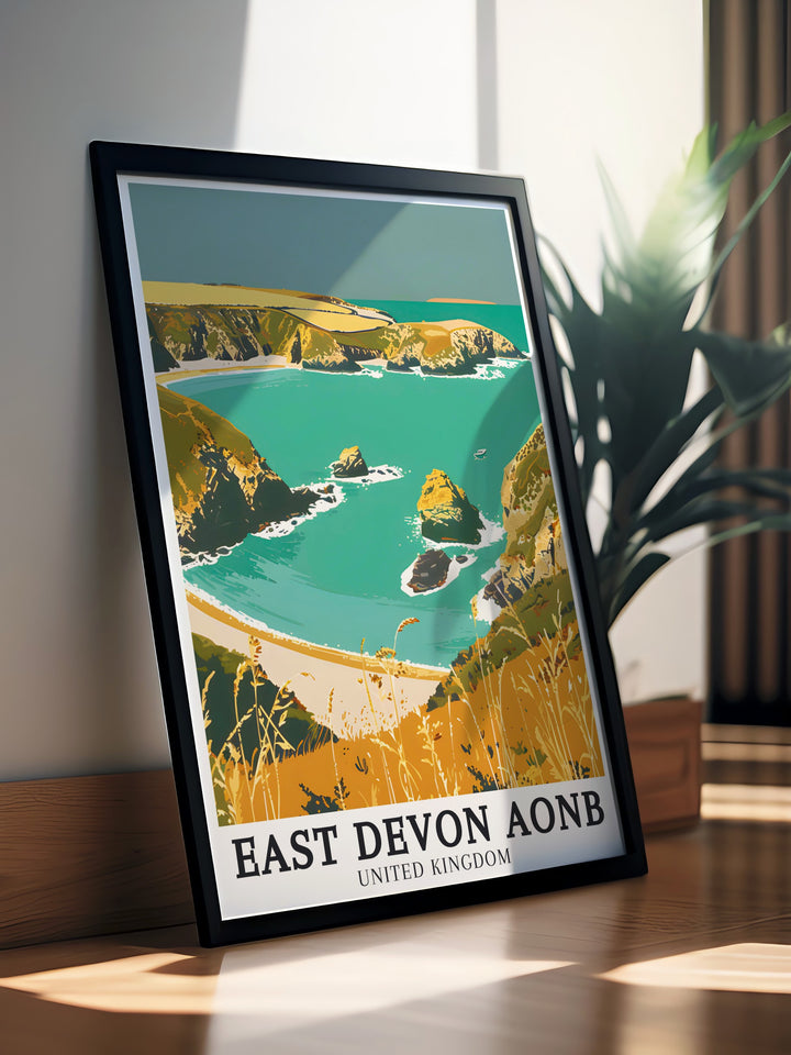 Striking Branscombe Mouth English Channel Stunning Prints highlighting the scenic coastline and lush greenery of East Devon perfect for those who appreciate the tranquil beauty of the Devon Countryside and wish to enhance their home decor