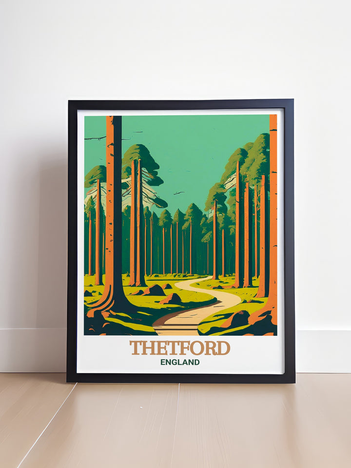 Bring the essence of Thetford Forest Park into your home with this travel poster, showcasing the lush landscapes and tranquil paths of this beautiful English forest. Perfect for those who appreciate the great outdoors, this piece adds a natural touch to your decor