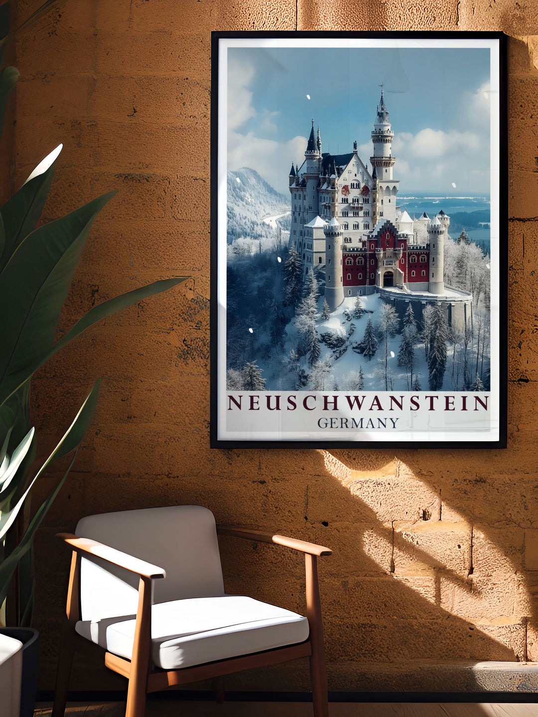 Black and white Neuschwanstein Castle photo print showcasing the castles intricate details. Ideal for adding a classic touch to your home decor with this fine art print.