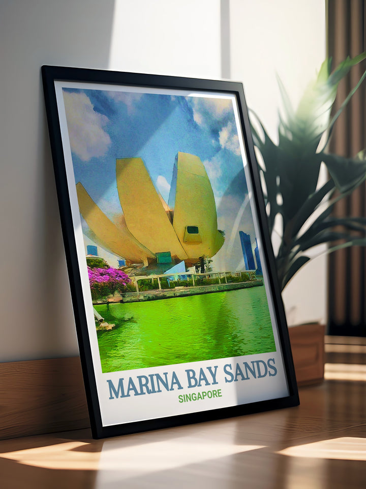 Marina Bay Sands Travel Poster featuring the iconic structure in the heart of Singapore, with its distinctive silhouette dominating the skyline. This poster is ideal for those who love urban landscapes and the energy of a global city.