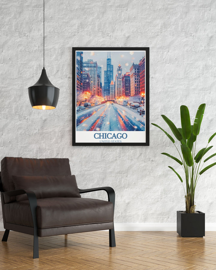 This Chicago travel poster brings the energetic streets of the Magnificent Mile to life, perfect for those who love urban landscapes. Featuring the scenic views of Michigan Avenue, this travel poster is perfect for those who appreciate Chicagos architectural and cultural richness.