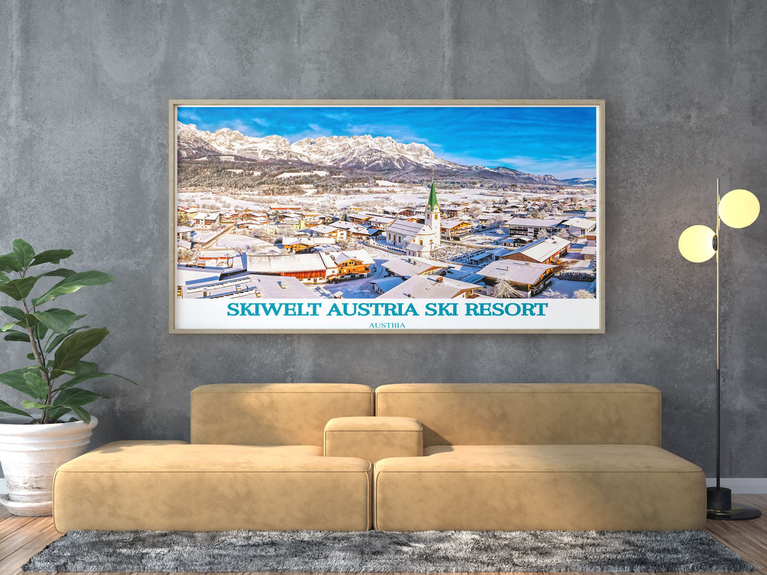 Elevate your living room with Ellmau Stunning Living Room Decor that includes the SkiWelt Austria Ski Resort Poster Print. The combination of vintage ski aesthetics and modern art design makes it a standout piece for any room creating a cozy and stylish ambiance.