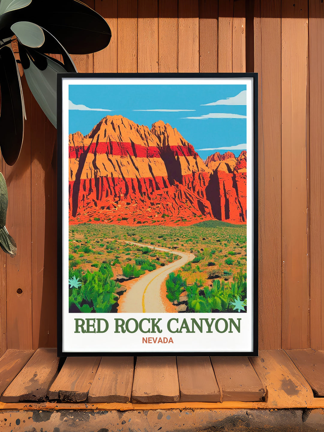 Nevada poster print displaying the rugged Red Rock Escarpment and Red Rock Canyon a perfect addition to any home seeking Nevada inspired wall art that reflects the beauty and grandeur of the desert.