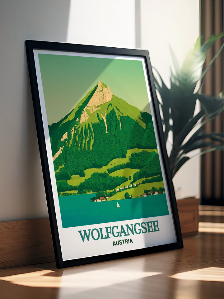 Austrian travel poster featuring Wolfgangsee and Schafberg Mountain. This vibrant print captures the essence of Austrias picturesque landscapes, making it an ideal piece for anyone looking to add a touch of natural beauty to their wall decor.