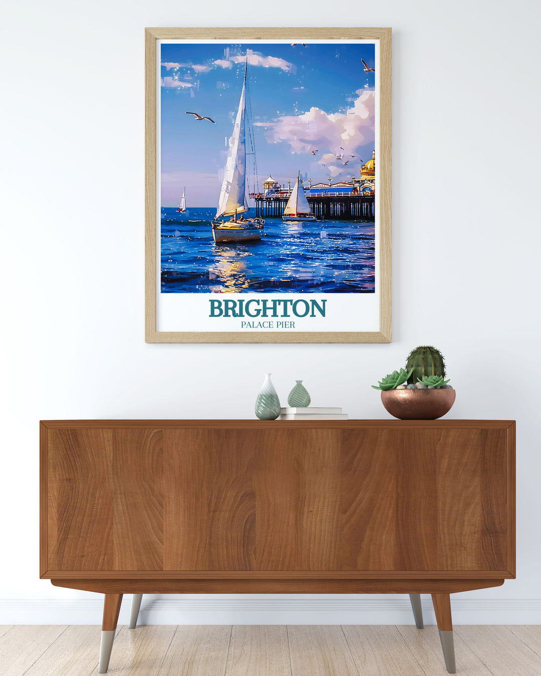 Art Deco print of Brighton Beach with the stunning English Channel in the background, a beautiful retro travel poster that adds a touch of elegance and charm to any room.