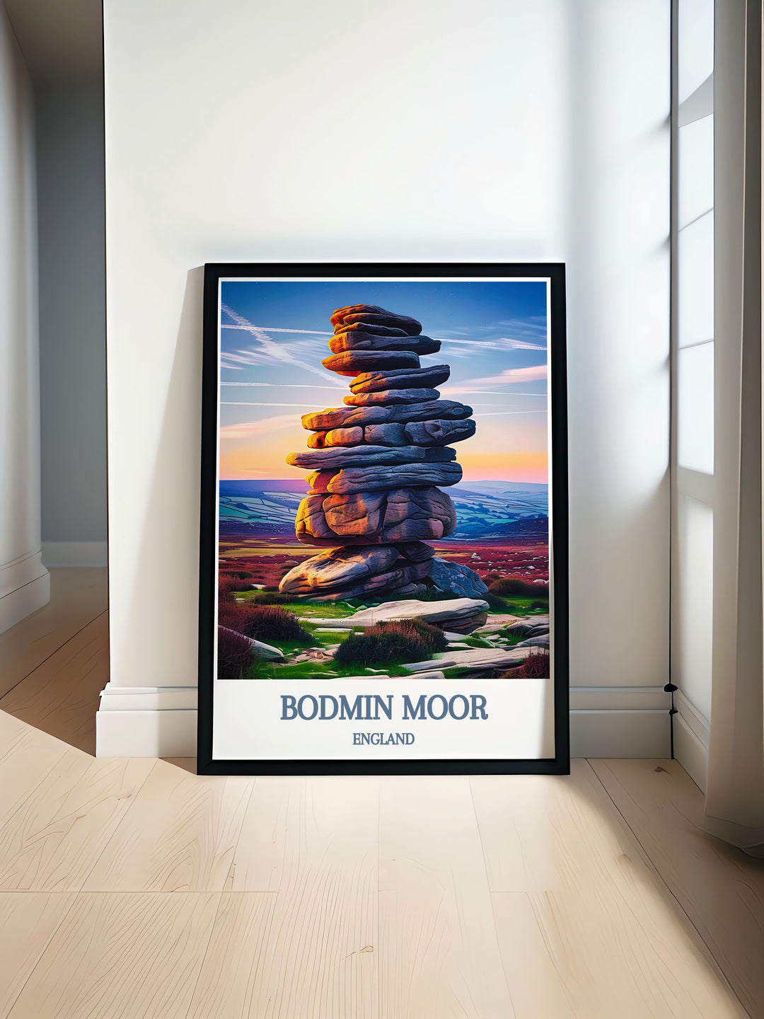 The Cheesewring at Bodmin Moor, captured in fine art prints, showcasing the iconic rock formation with its unique shape and towering presence, perfect for adding a touch of the English countryside to your home decor.