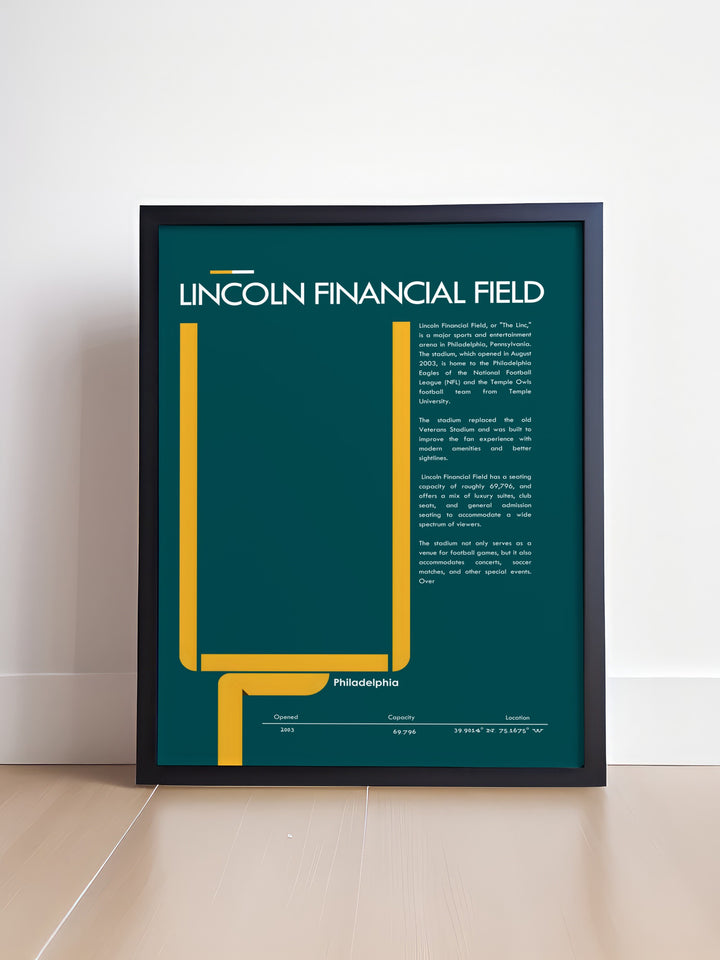 Stunning Lincoln Financial Field poster designed for football enthusiasts looking to celebrate the Philadelphia Eagles. This sports art print is perfect for modern spaces whether as a gift for him or her or as a stylish addition to sports office or bedroom walls.