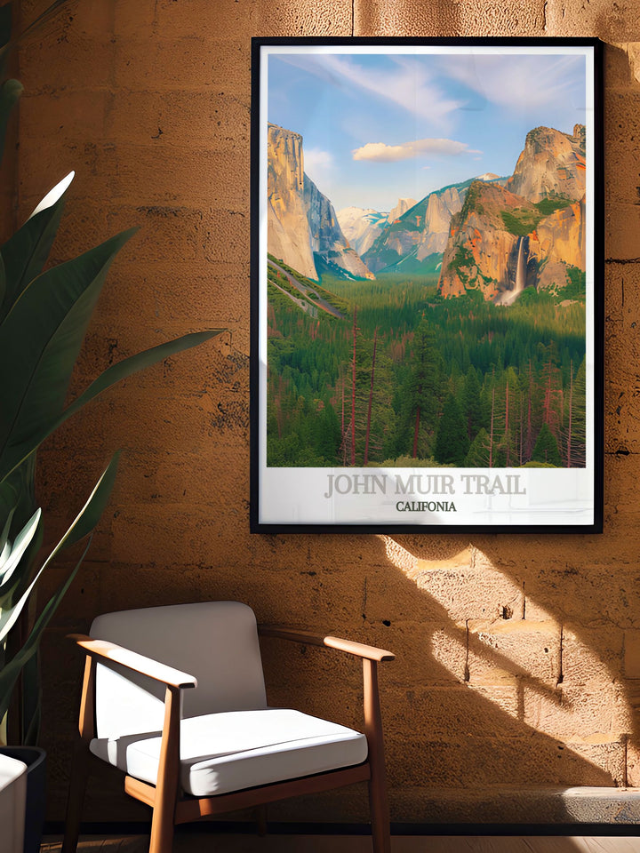 This art print features the picturesque John Muir Trail, capturing its rugged beauty and serene wilderness. Ideal for those who love adventure and natural settings, this poster brings the charm of California into your decor.