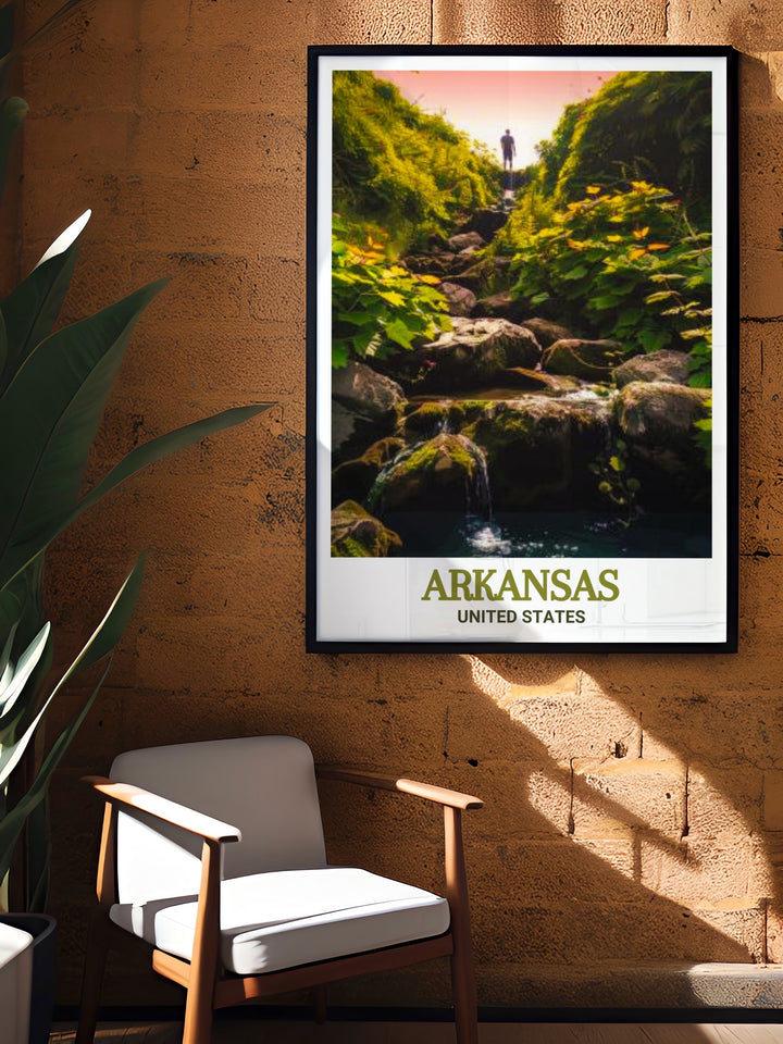 Stunning print of Hot Springs National Park, showcasing the vibrant colors and natural beauty of one of Arkansass most beloved landmarks. Perfect for enhancing your home decor with a piece of Arkansass wilderness and historical heritage, this poster is both captivating and stylish.