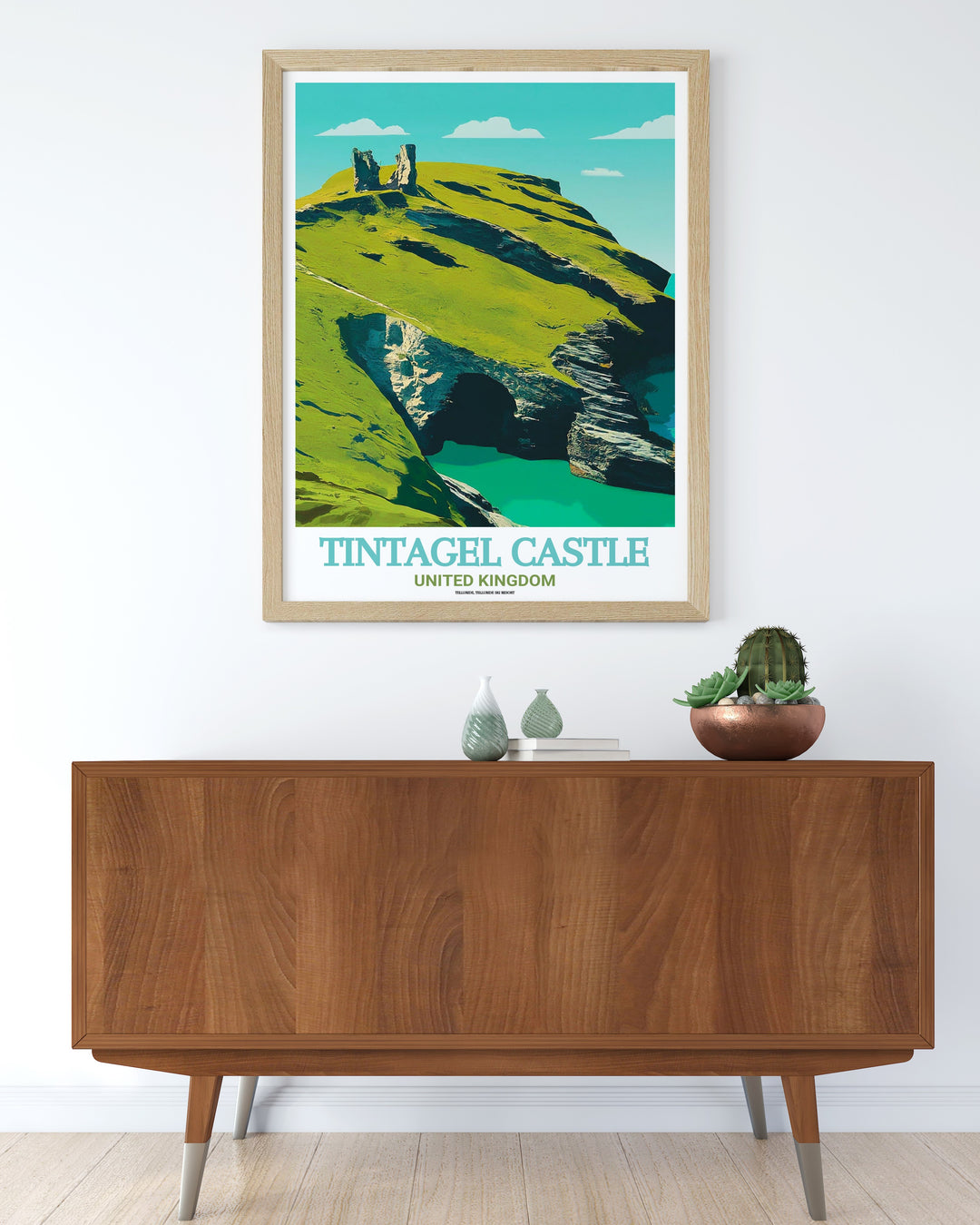 Cornwall Canvas Art of Tintagel Castle and Merlins Cave, showcasing the rugged cliffs and mystical landscape. The print captures the historic allure of the castle ruins, with the crashing waves of the Atlantic adding to the dramatic atmosphere.