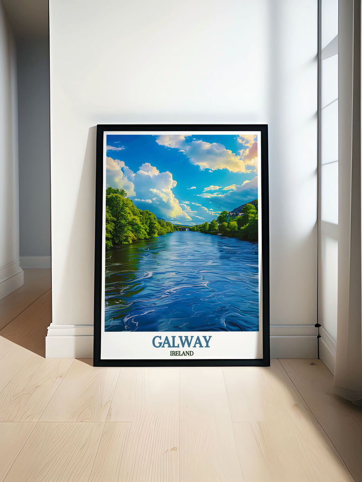Bring the enchanting scenery of Galway and the River Corrib into your living space with this beautifully crafted poster. The artwork highlights the historical and natural landmarks of the region, making it a perfect gift for travelers and art lovers alike.