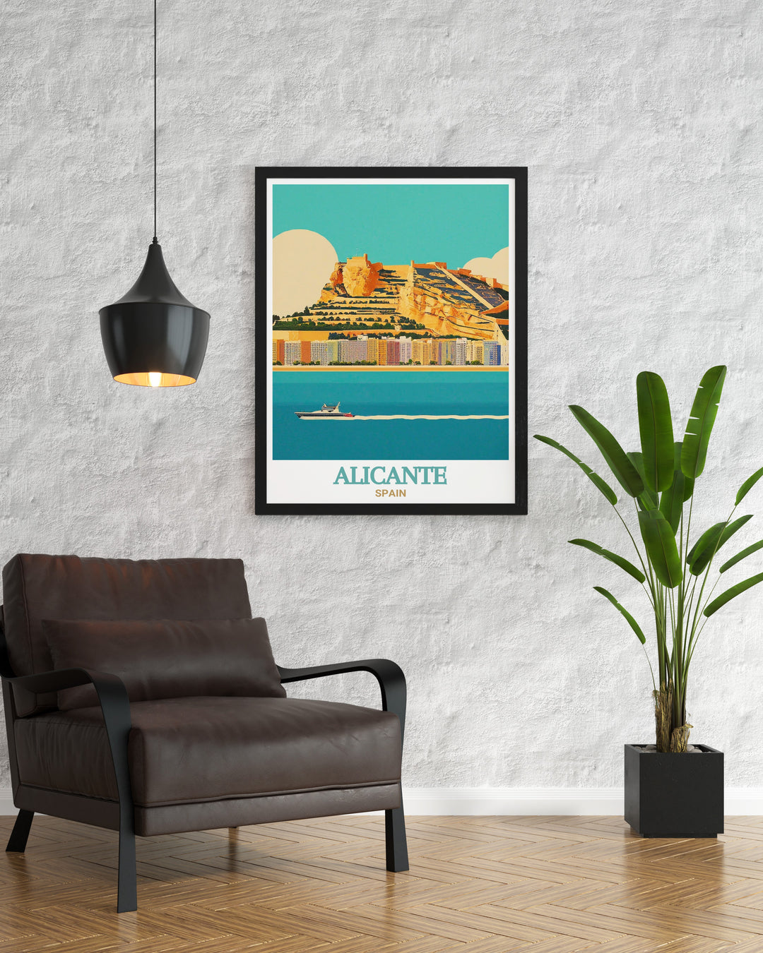 Alicante travel poster featuring the majestic Castillo de Santa Bárbara. Perfect for history enthusiasts and art lovers, this print captures the essence of Alicantes rich heritage. The vibrant colors and stunning details bring the charm of Alicante into your home.