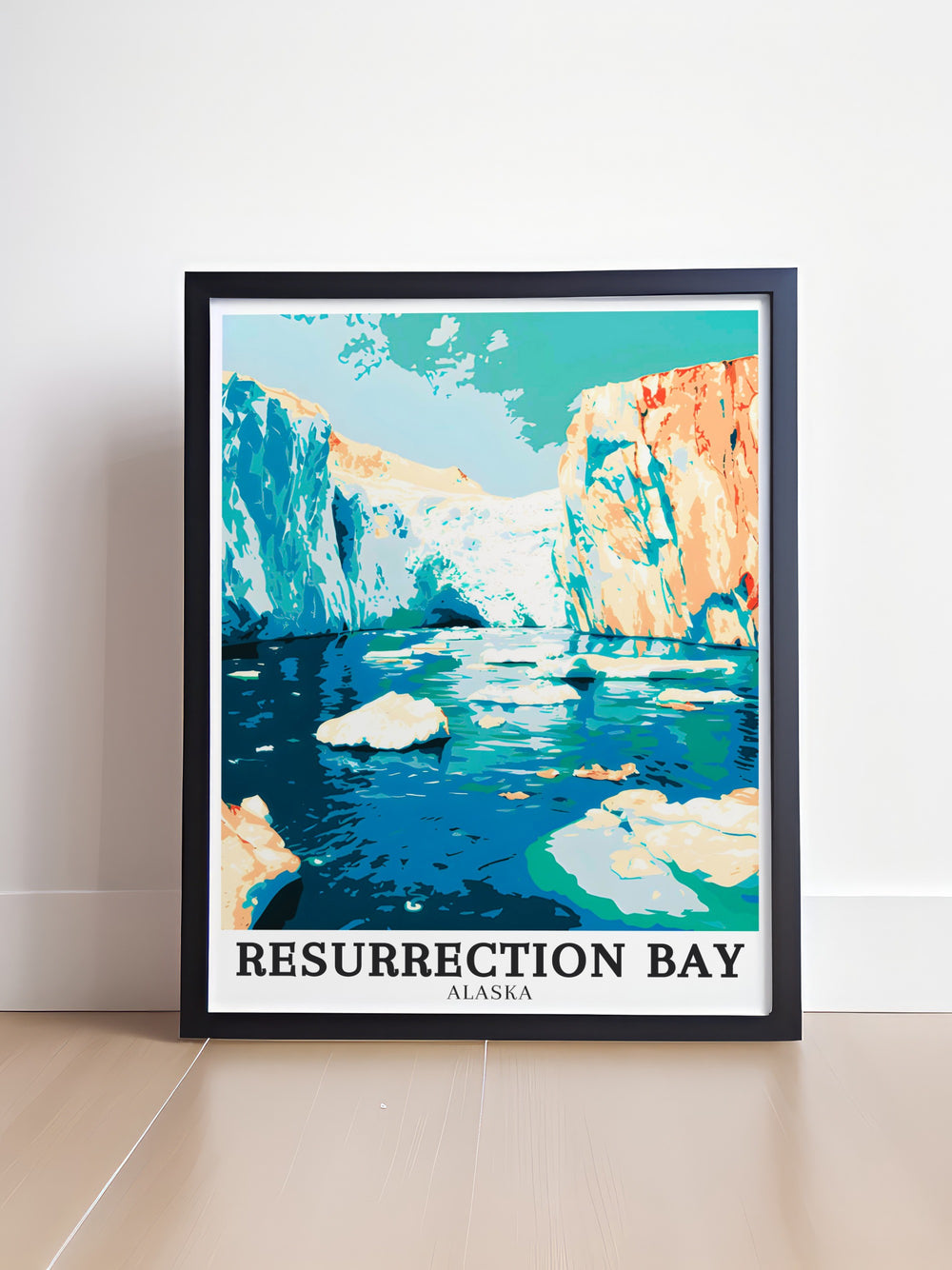 An art print of Alaskas Resurrection Bay, featuring the majestic Bear Glacier and Bear Glacier Lagoon. This travel poster showcases the stunning landscapes of Alaskas wilderness, making it a perfect addition to any home or office for those who love nature and adventure.