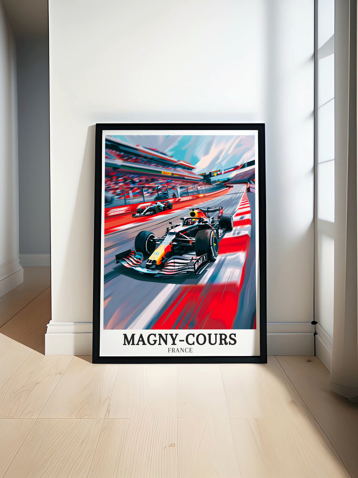 This Magny Cours wall poster brings the excitement of the Bugatti Circuit and Circuit de Nevers Magny Cours into your home. Perfect for motorsport enthusiasts, the artwork showcases the dynamic energy of two of Frances most famous racetracks.