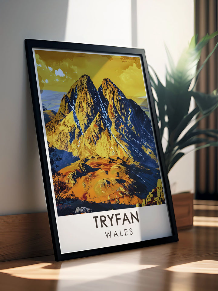 Vintage travel print of Snowdonia Wales highlighting the beauty of Mount Snowdon and Tryfan Summit ideal for adding retro charm to any room