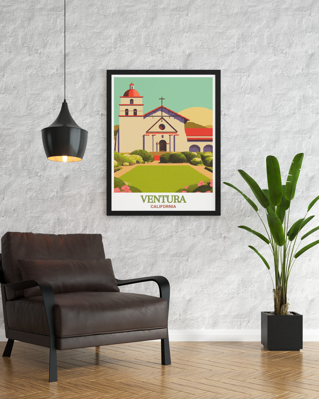 A finely detailed matted art print featuring the iconic Mission San Buenaventura in Ventura, California, along with a street map of Ventura County. The black and white design adds a modern touch while celebrating the rich history and cultural heritage of the region. Perfect for home decor or as a thoughtful gift, this piece offers a timeless tribute to Venturas coastal elegance and historical significance.