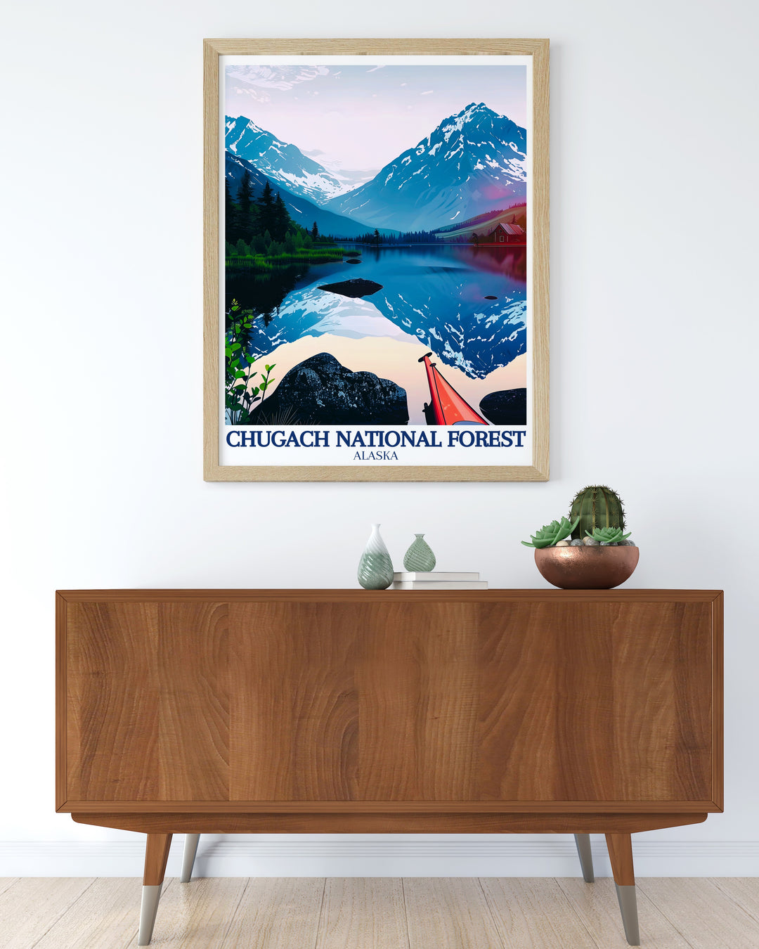 This vibrant travel print showcases the iconic Lost Lake and Kenai Mountains set within Chugach National Forest. Perfect for a living room or office, this Alaska poster adds a sense of adventure and natural beauty to any space.