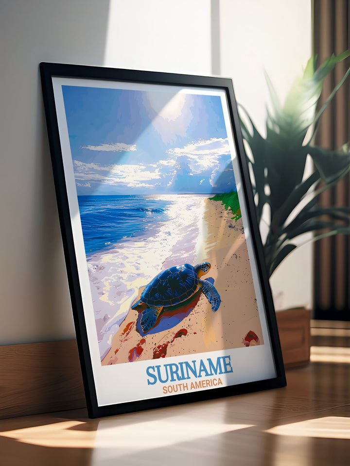 Suriname Poster featuring detailed illustrations of Paramaribo and the lush greenery of Galibi Nature Reserve. High quality travel poster print perfect for enhancing any living space.