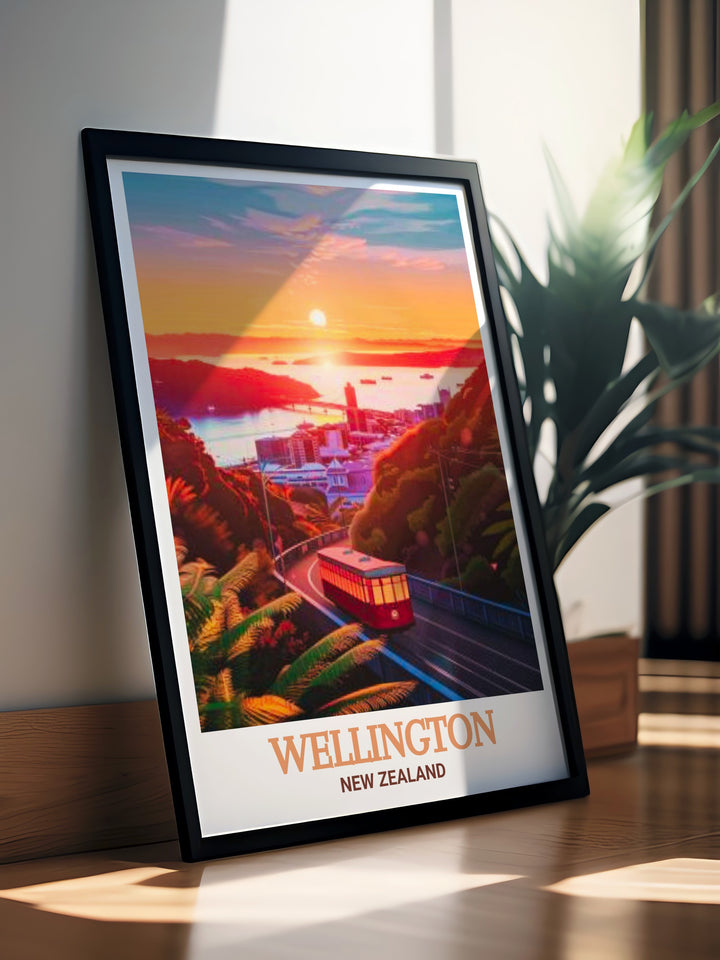 Canvas art showcasing the Wellington Cable Car as it ascends through the citys hills, offering panoramic views of the harbor and skyline. This travel poster highlights one of New Zealands most beloved landmarks, ideal for anyone with a love for Kiwi culture.