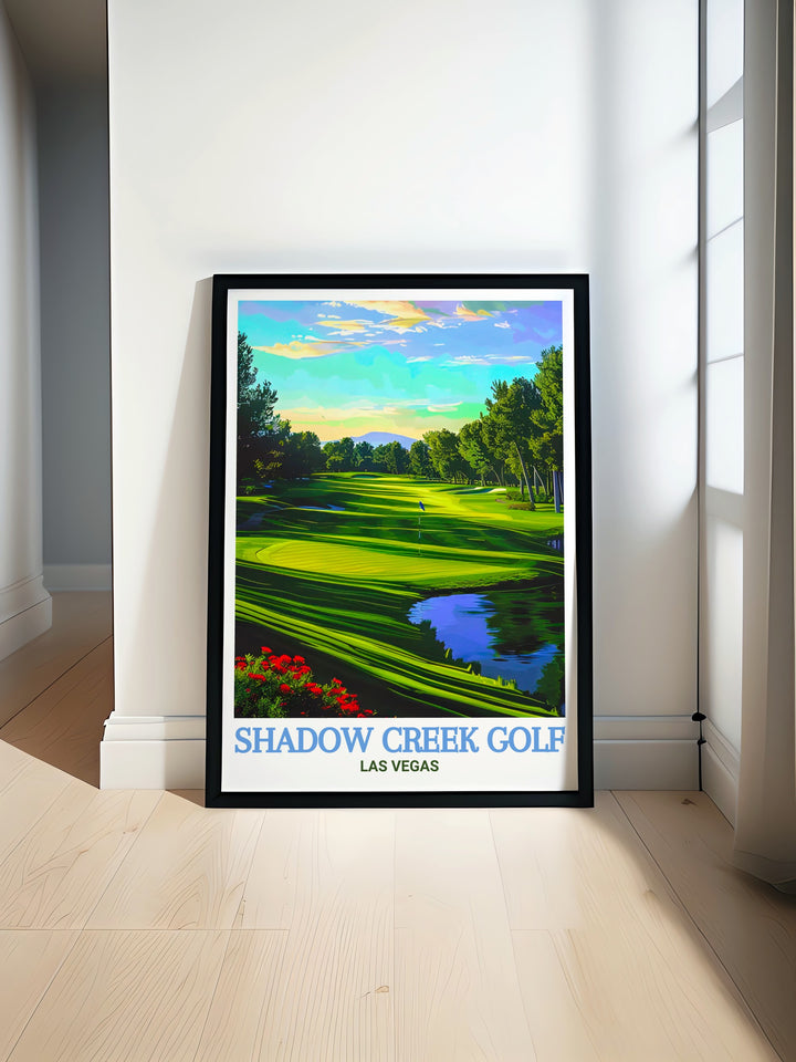 Wall Art featuring the stunning Shadow Creek Golf Course in Las Vegas. This print captures the serene beauty of the courses landscape, from its rolling fairways to its tranquil water hazards. The artwork is a perfect way to bring the luxury of Las Vegas golf into your home, adding a touch of elegance and sport inspired decor to any space. Ideal for those who appreciate the game of golf and the art of course design.