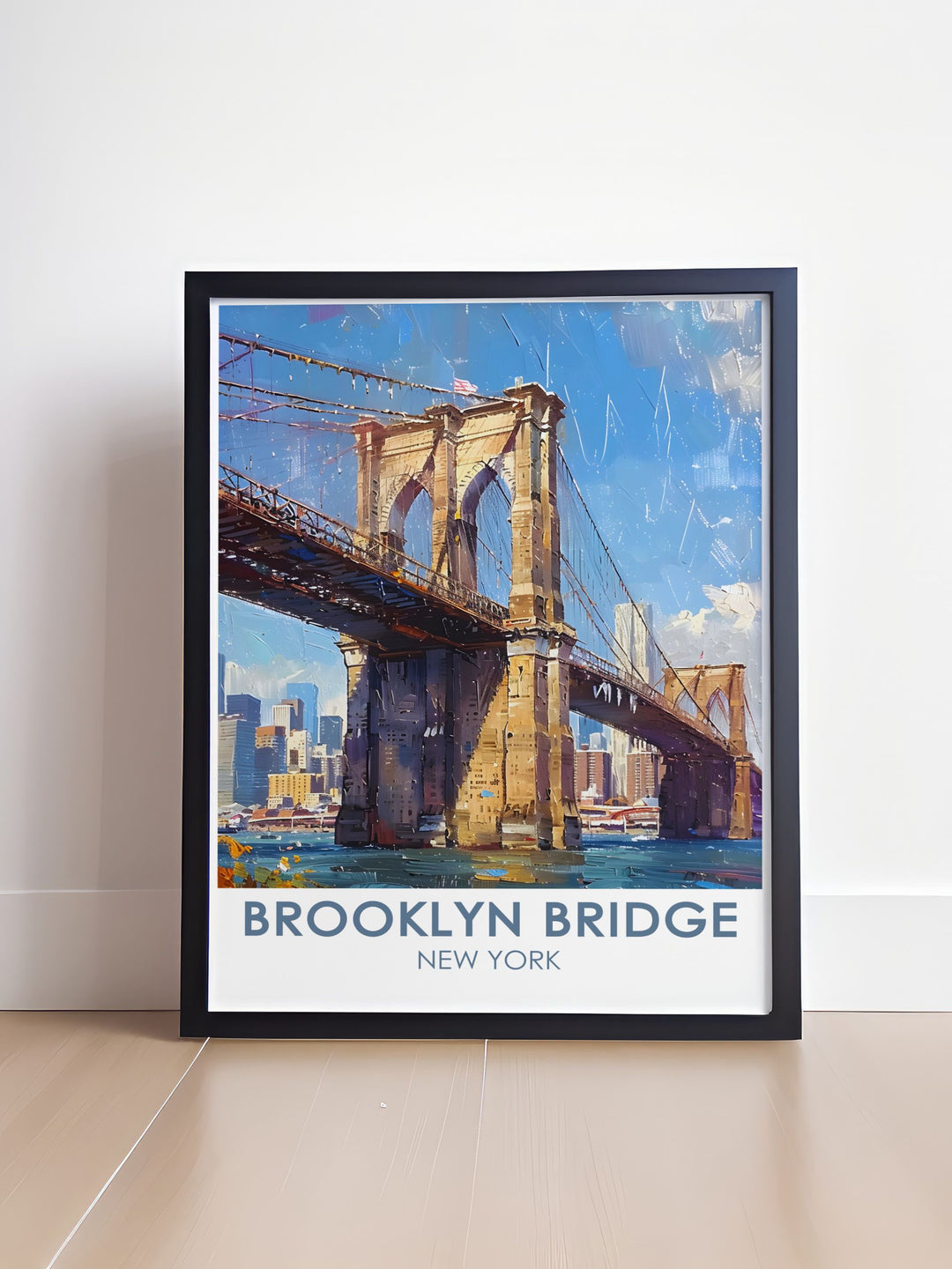 New York State poster featuring the dynamic spirit of the Empire State with landmarks such as the Brooklyn Bridge perfect for travel and decor gifts