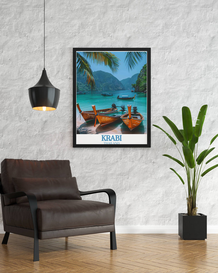 Add a touch of exotic elegance to your space with this Krabi Island and Phi Phi Islands wall art print showcasing the picturesque landscapes and serene beaches perfect for home decor and as a special travel gift.