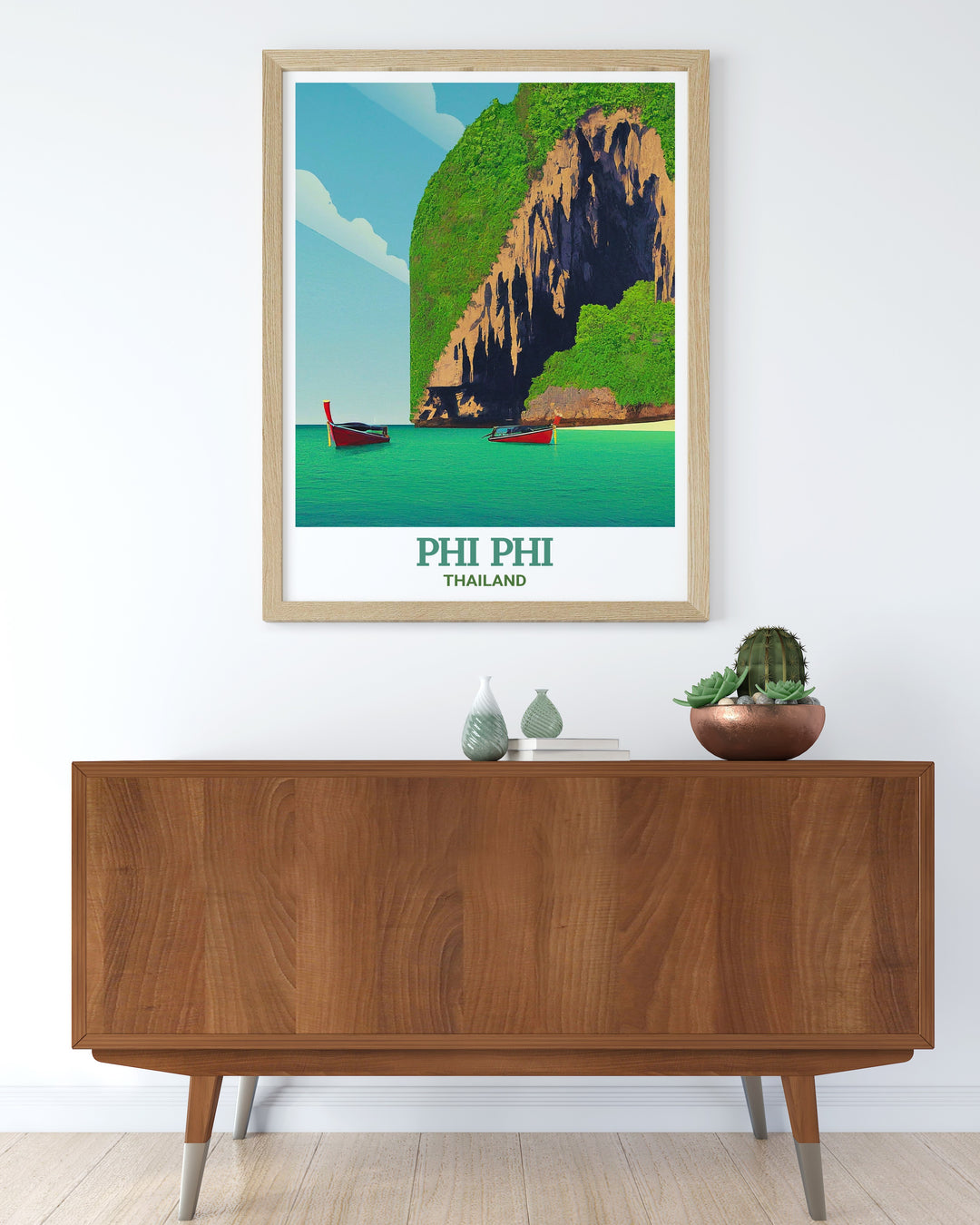 Viking Cave wall art depicting the fascinating landmark on Phi Phi Islands, known for its ancient drawings and scenic beauty. This framed art piece is ideal for travelers and history buffs alike, bringing a piece of Thailands rich cultural heritage into your home.