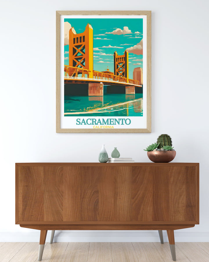 High quality Sacramento Art Print highlighting Tower Bridge in a detailed street map design perfect for adding a touch of elegance to your home or office decor capturing the beauty of this dynamic city