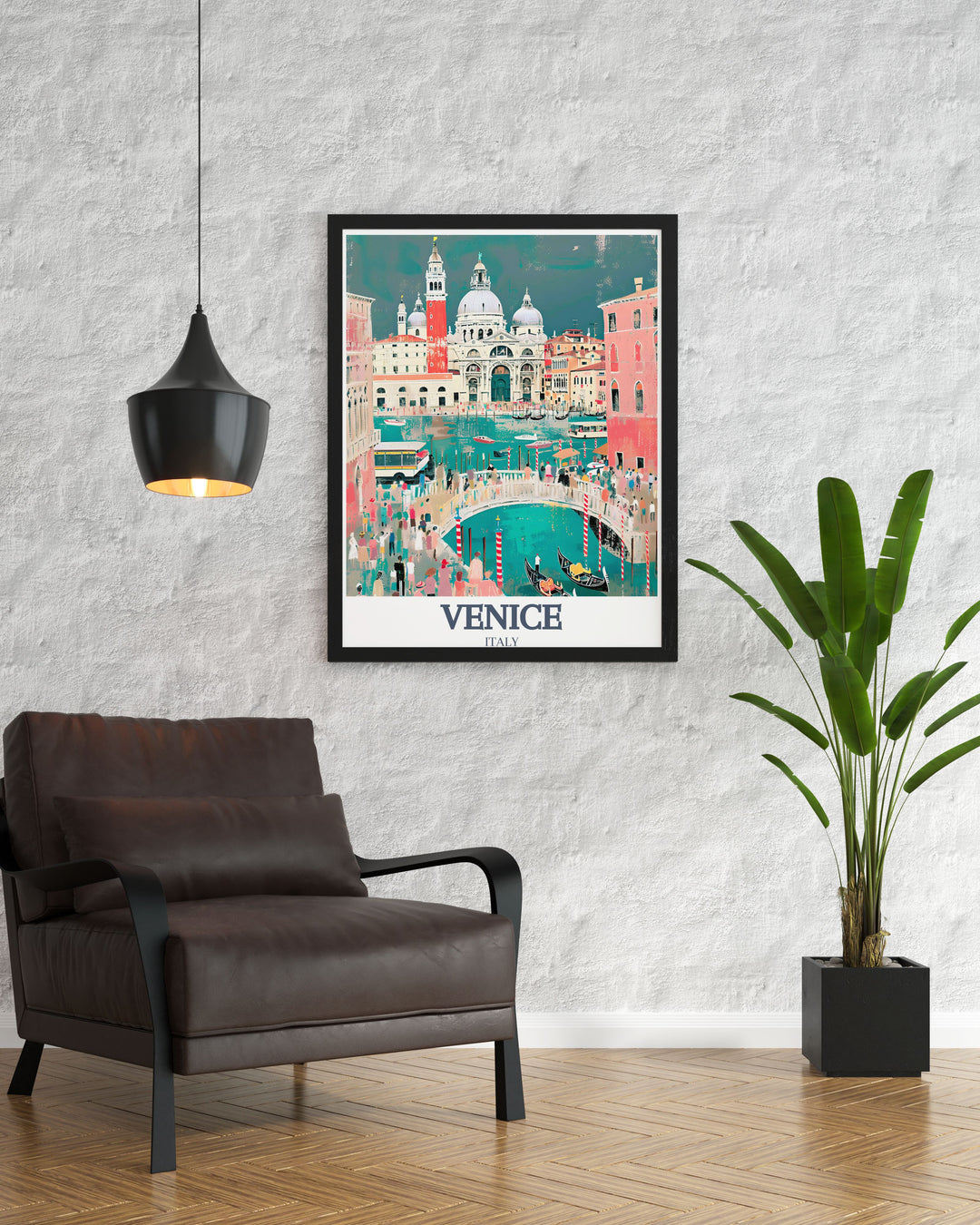 A travel poster featuring Venices Grand Canal, with the stunning Rialto Bridge and St. Marks Square in the background. This artwork celebrates the beauty and history of Venice, making it the perfect gift or keepsake for any travel lover.