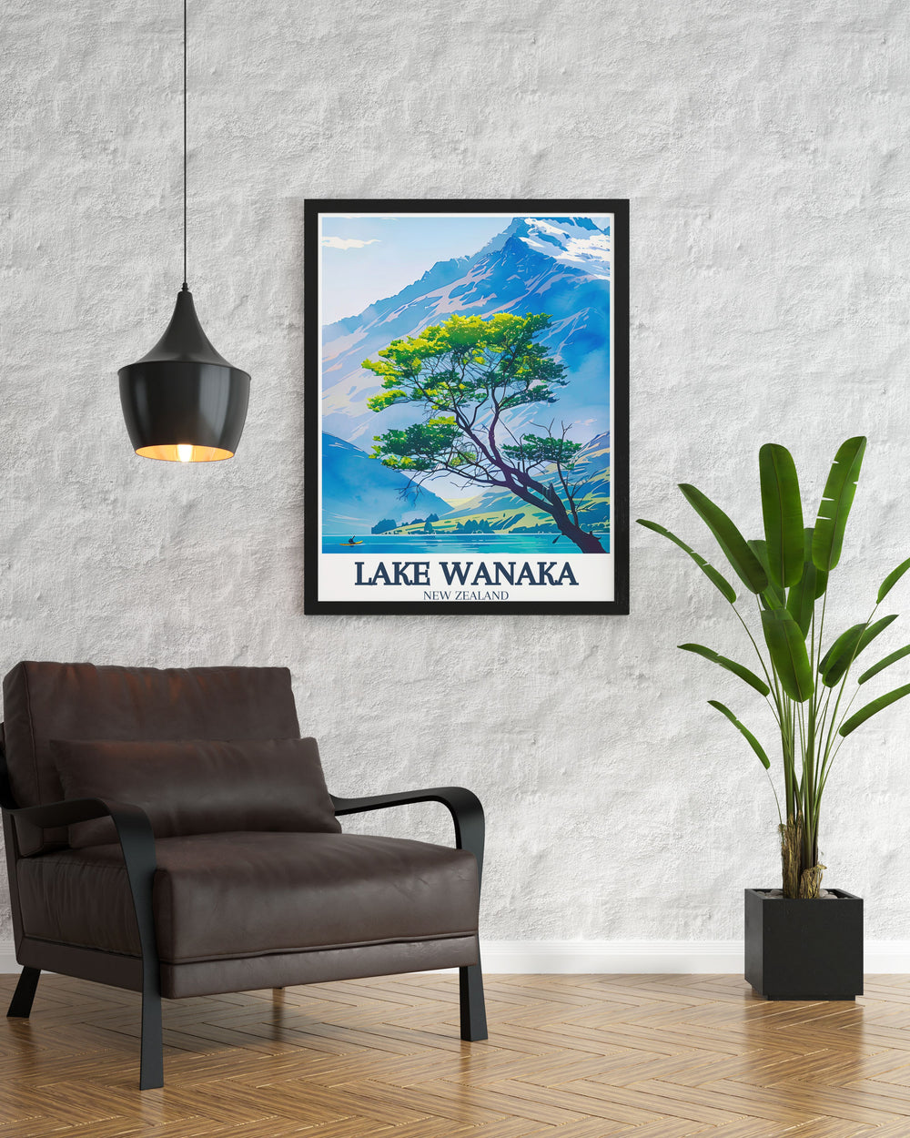 Elegant Lake Wanaka poster showcasing the serene lake wanaka tree in Mount Aspiring National Park A striking piece of New Zealand wall art that brings the beauty of nature into your living space