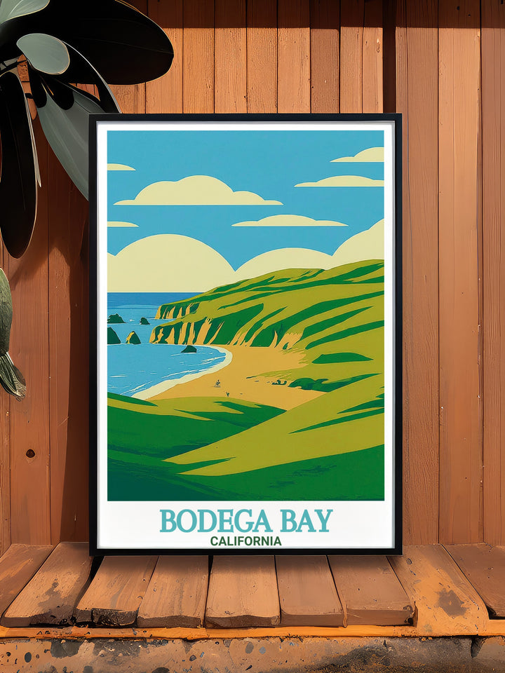 Bodega Bay artwork highlighting the scenic cliffs and rolling waves of Doran Regional Park. Perfect for adding a touch of elegance to your home with beautiful and detailed prints.
