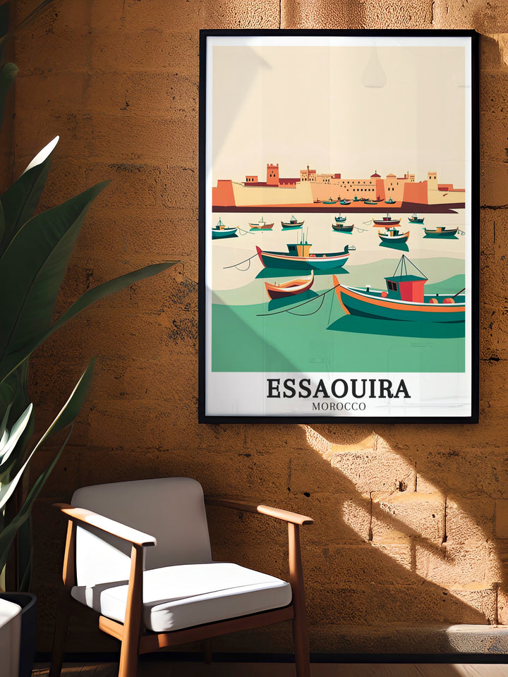 This stunning travel print showcases the beautiful old town of Essaouira. The artwork highlights the intricate details of Moroccan architecture, including the vibrant souks and historic ramparts, making it an ideal piece for those who love global art and culture.