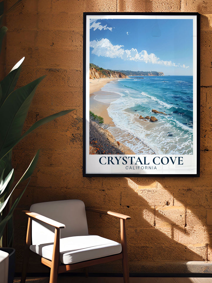 Enhance your California decor with a Crystal Cove State Park Beach vintage print featuring the idyllic scenery and vibrant hues of the sunset along Californias coast a beautiful addition to any space that brings the peaceful vibes of Crystal Cove State Park Beach indoors.