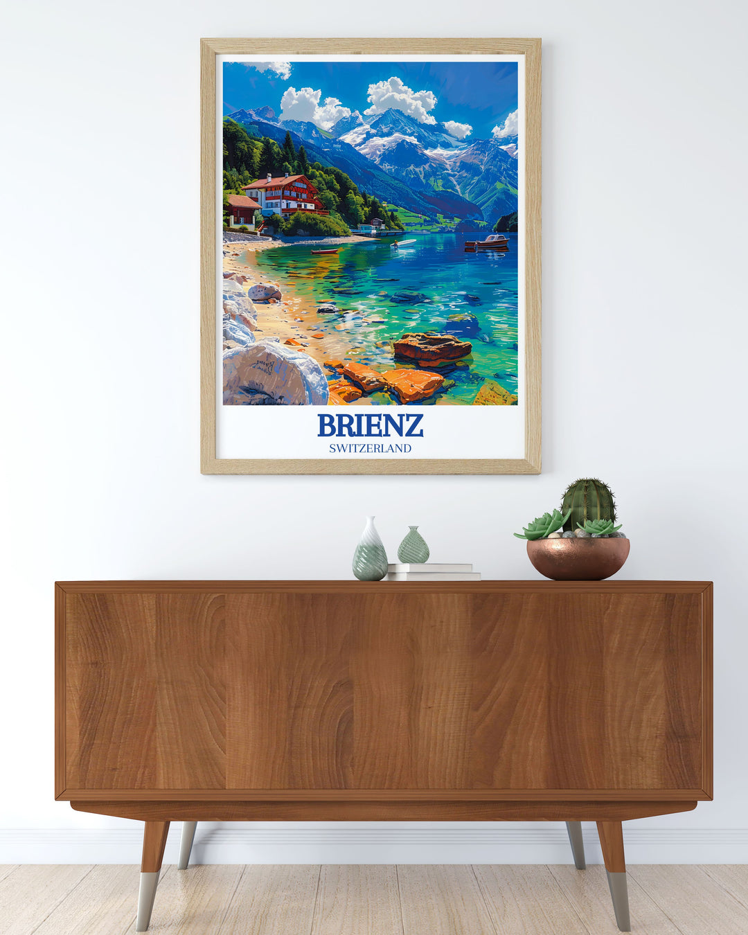 Brienz travel poster featuring the enchanting Lake Brienz, Brienzer Rothorn. Add this beautiful piece to your collection of vintage travel prints. Perfect for framing and enhancing any room.