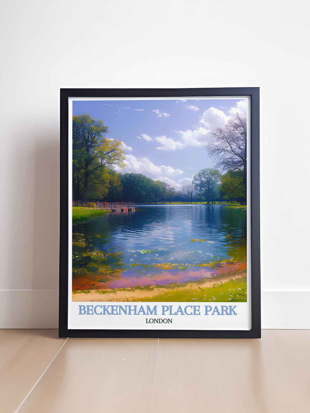 Experience the refreshing calm of Beckenham Place Parks swimming lake with our detailed prints. These artworks capture the idyllic setting of the lake, with its gentle ripples and lush greenery, bringing a touch of natures tranquility into your living space for a relaxing atmosphere.