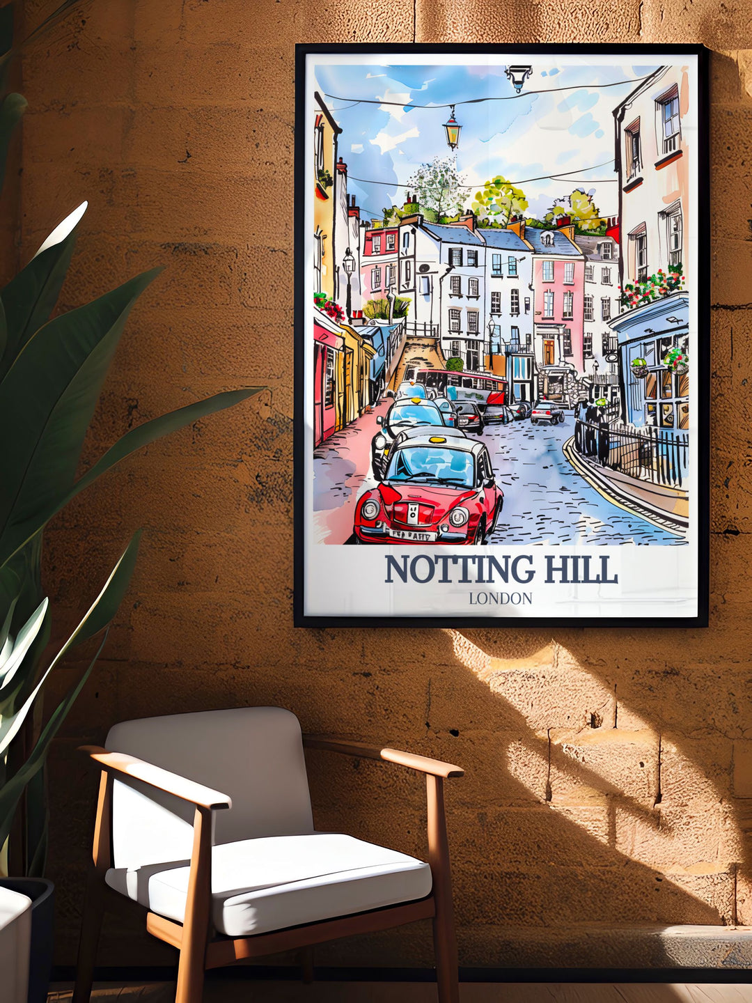 A vibrant Notting Hill Poster Print that highlights the best of Portobello Road and Talbot Road. This London travel print is perfect for anyone who loves the citys eclectic neighborhoods and wants to bring a touch of British charm into their home.