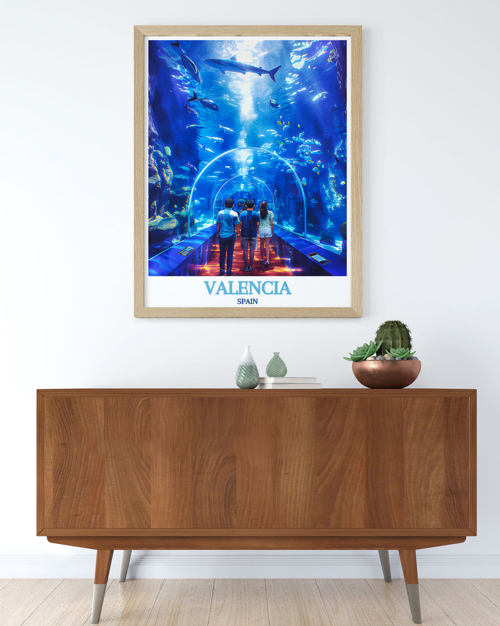 Valencia poster showcasing LOceanografic perfect for modern decor enthusiasts vivid colors and sleek lines make it an excellent addition to any room and a unique travel gift for art lovers