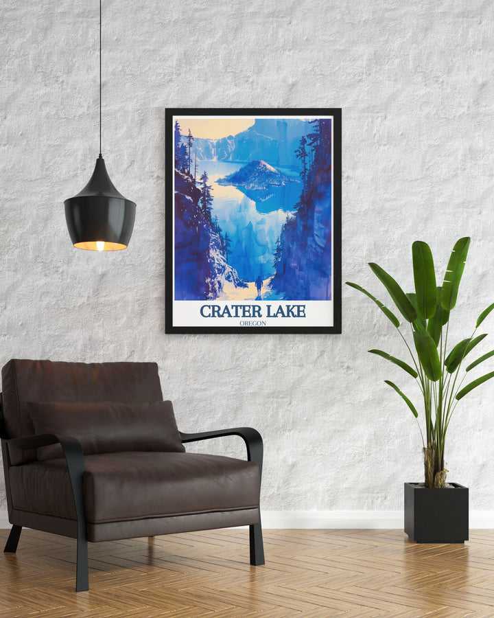 This Crater Lake travel print captures the awe inspiring landscapes of Mount Scott and Wizard Island, offering a beautiful depiction of one of Americas most iconic national parks. Perfect for home décor or as a gift for nature lovers.