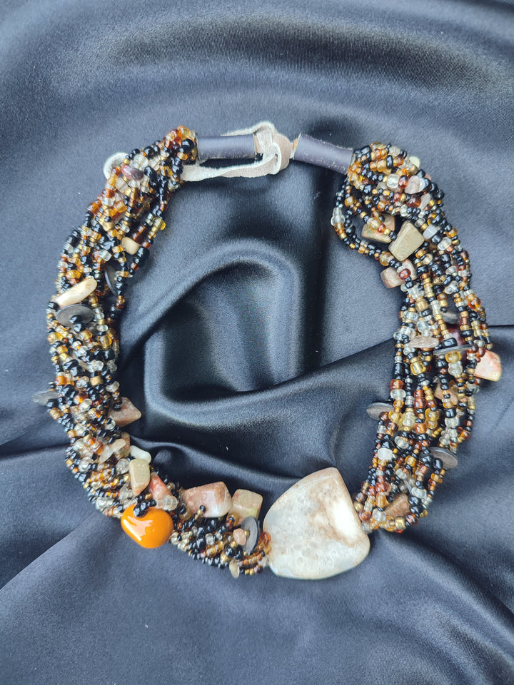 Handcrafted Multi-Strand Earth Tone Seed Bead Choker with Natural Agate Statement Stone