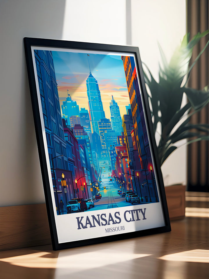 Kansas City travel poster featuring an expansive view of Main Street and the Kansas City skyline. Ideal for cityscape enthusiasts, this wall print celebrates the modern architecture and lively atmosphere of Missouris most famous city.